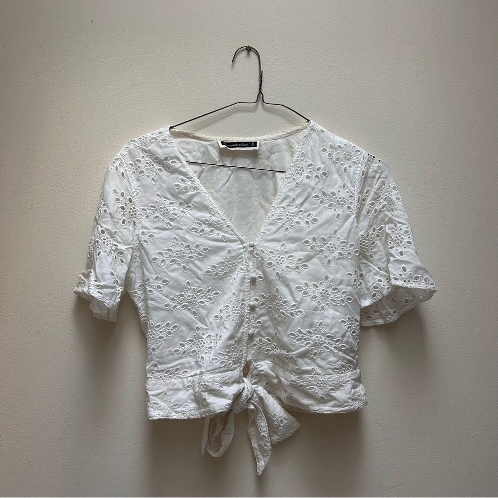 Abercrombie & Fitch White Eyelet Tie-Front Button Top